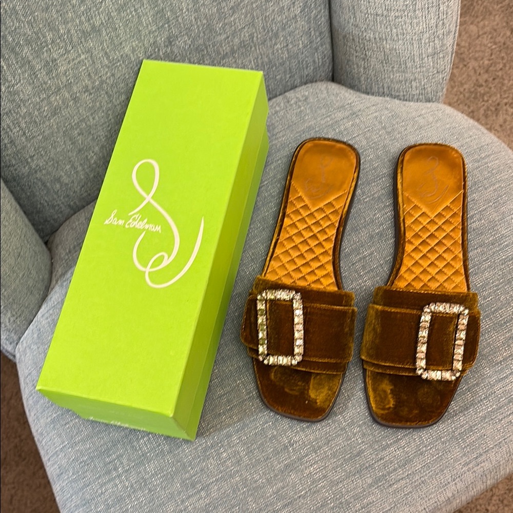 Sam Edelman Brown Velvet Slide Mules with Rhinestone Buckles